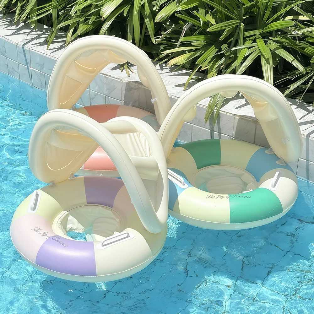 2026 Summer Beach Party Kids Swimming Ring Removable Sunshade Color Block Infant Baby Seat Float INS Viral Water Sitting Ring Z260328
