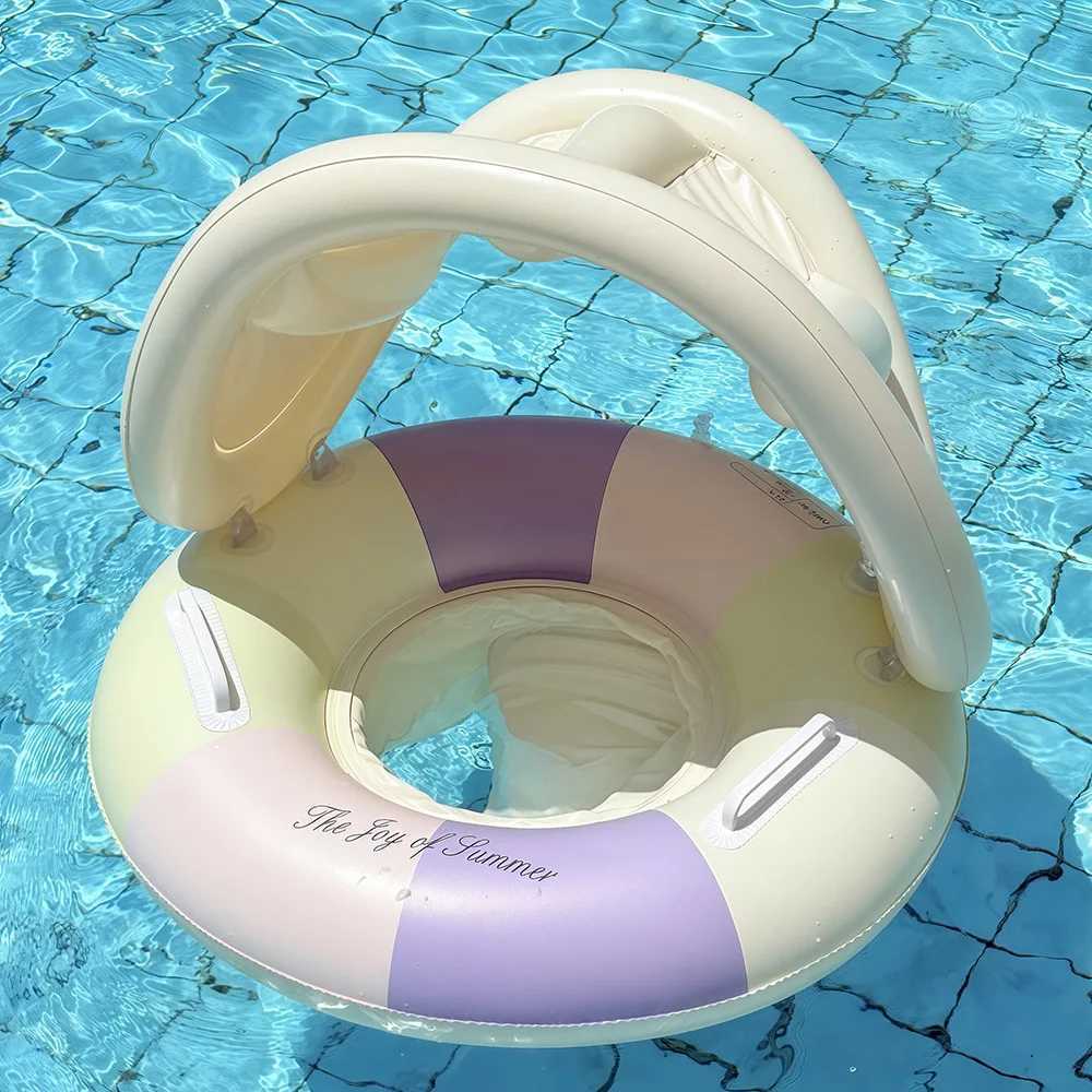 2026 Summer Beach Party Kids Swimming Ring Removable Sunshade Color Block Infant Baby Seat Float INS Viral Water Sitting Ring Z260328