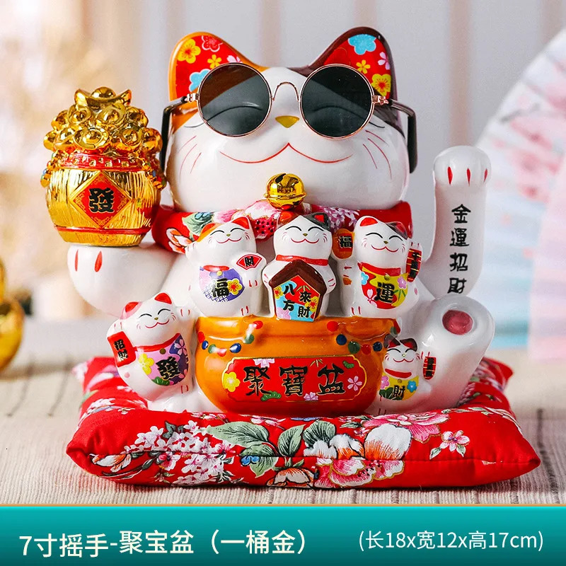 7 Inch Lucky Cat Decoration Feng Shui Fortune Cat Ceramic Electric Wave Hand Treasure Shop Gift Good Luck Home Festive Craft 260325
