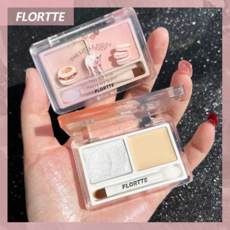 Flortte 2-color Double Texture Cream Highlighter Powder Matte Glossy Diamond Glitter Contour Brighten Palette Face Makeup Beauty H260328