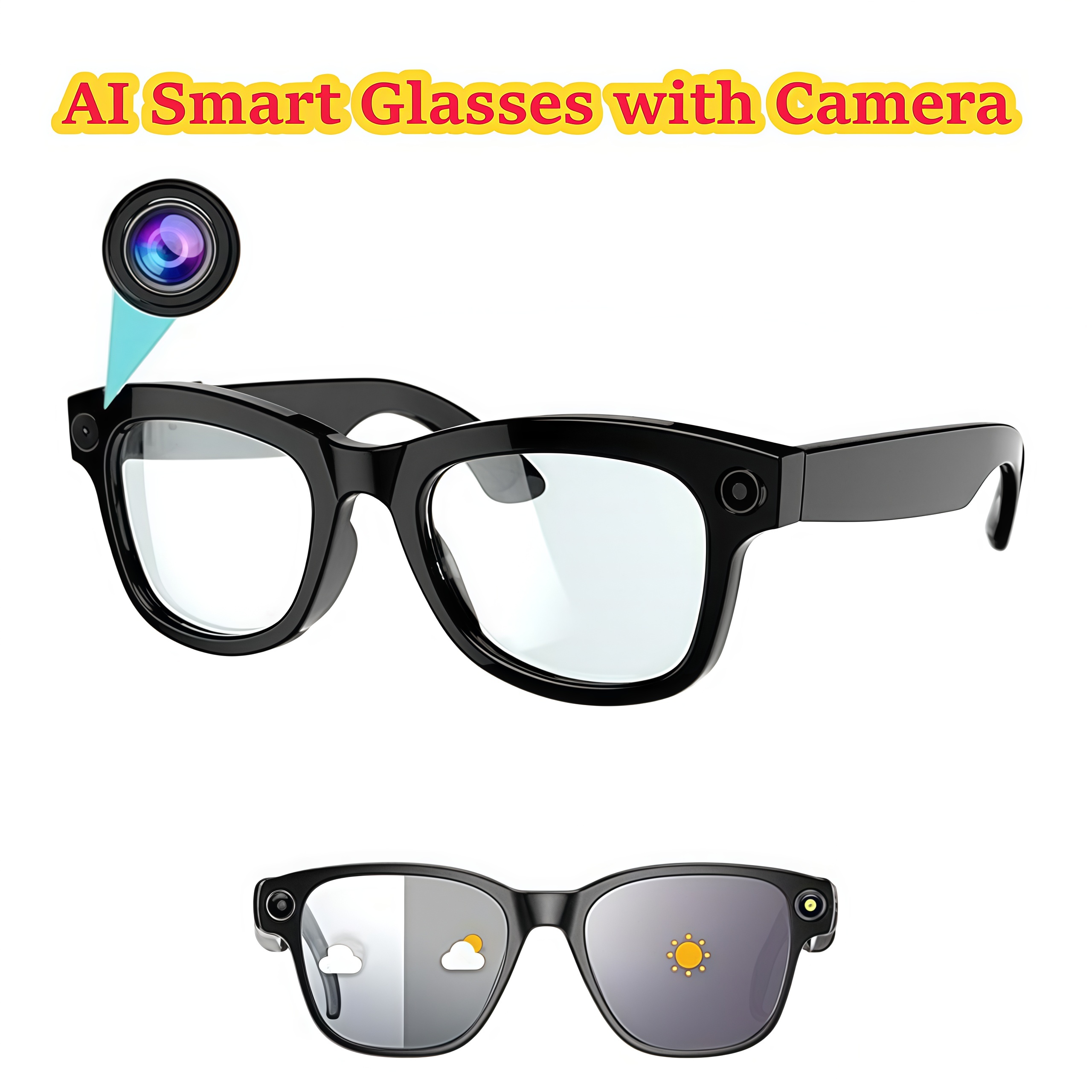 800W AI Smart Glasses with Camera 1080P HD Video Recording AI Translator for 160 Languages GPT Object Recognition, Bluetooth Audio, Photochromic Lenses