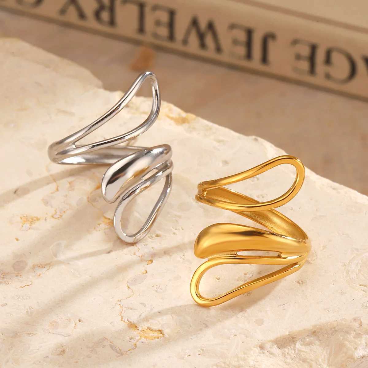 Geometric Stainless Steel Adjustable Rings for Women Gold Color Open Finger Rings Female Jewelry Wedding Gifts bague femme H260328