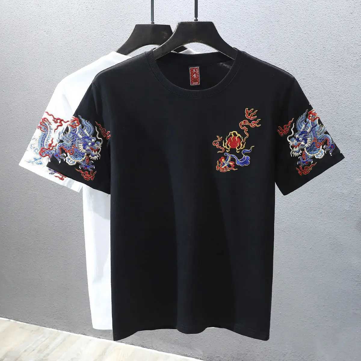 2025 New Summer National Trend Embroidered T-shirt Loose Men Casual Versatile Short-sleeved Top C260326