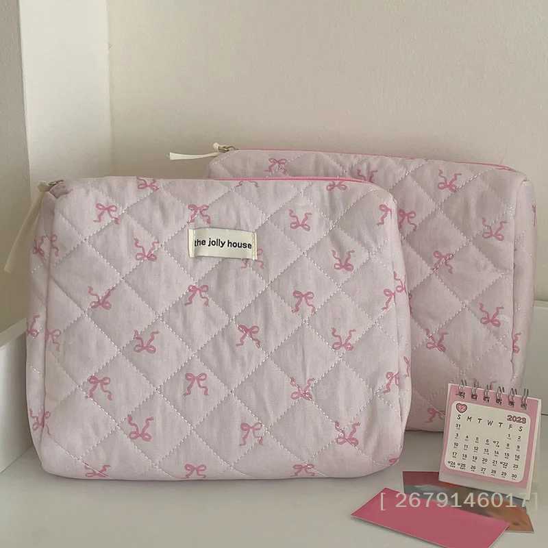 YY26 Pink Bowknot Quilting Cosmetic Bag Women Portable Zipper Makeup Organizer Female Handbag Toiletry Pouch For GirlsYY26 D260328