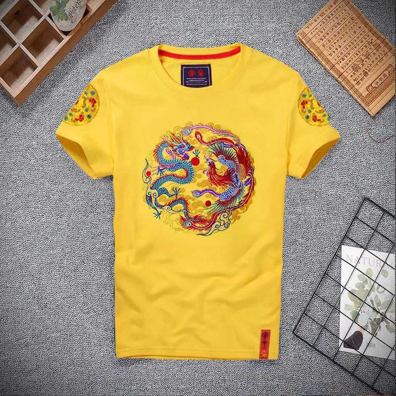 Summer Chinese Style Dragon and Phoenix Embroidered T-shirt Mens Short-sleeved Casual Retro Loose Pullover C260326