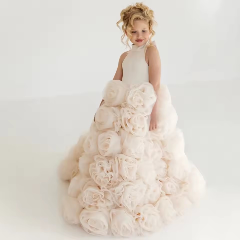Luxury Tier Ruffles Long Flower Girl Dresses With Bow Back Ball Gown Girls Formal Evening Pageant Gowns Princess Birthday Wedding Party Robes M27 ZD10