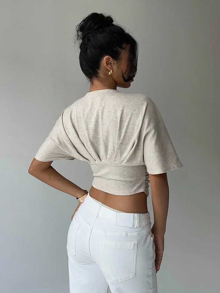 Womens Summer Apricot Deep V-Fold Short Sleeve Tight fitting Womens T-shirt D260328