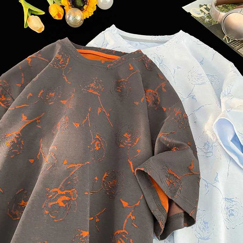 Men Loose Fit Cotton T Shirt Round Neck Breathable Rose Flower Print Tee Summer Casual Streetwear Soft Comfortable Trendy 2024 C260326