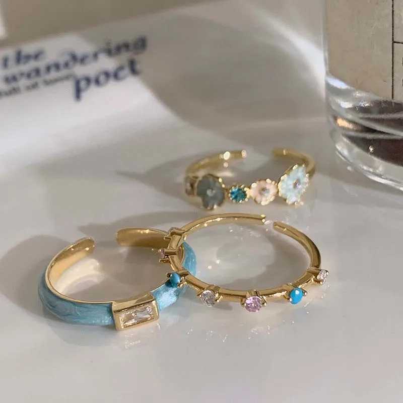 Sweet Enamel Flower Open Rings for Women Exquisite Elegant Blue Zircon Irregular Adjustable Finger Rings Wedding Jewelry Gifts H260328
