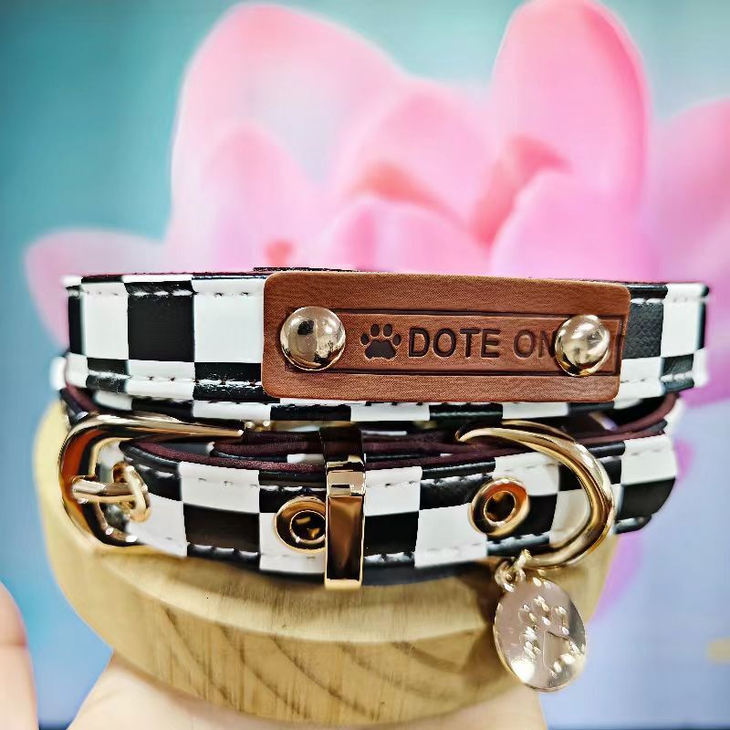 Dog Collar Leash Set Spring Adjustable Black White Plaid Pattern Fashion Trendy Cute Pet Accessories