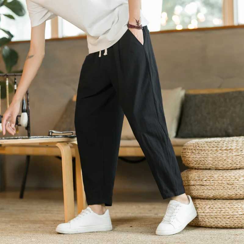 Mens Trousers Cotton Linen Fashion Casual Pants Solid Color Breathable Loose Shorts Straight Drawstring Pants Streetwear Men a03 M260328