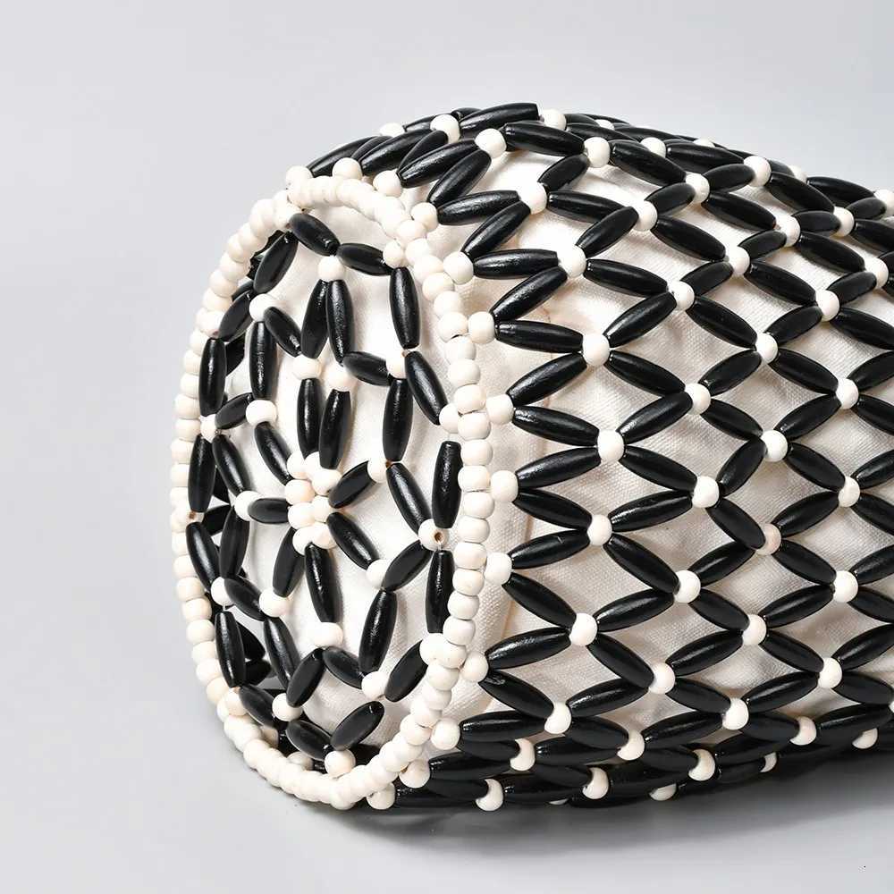 Women Woven Hand Bag Exquisite Design Hollow-out Wooden Bead Tote Bucket Shoulder Bag Female Handmade Beaded Handbag C260327