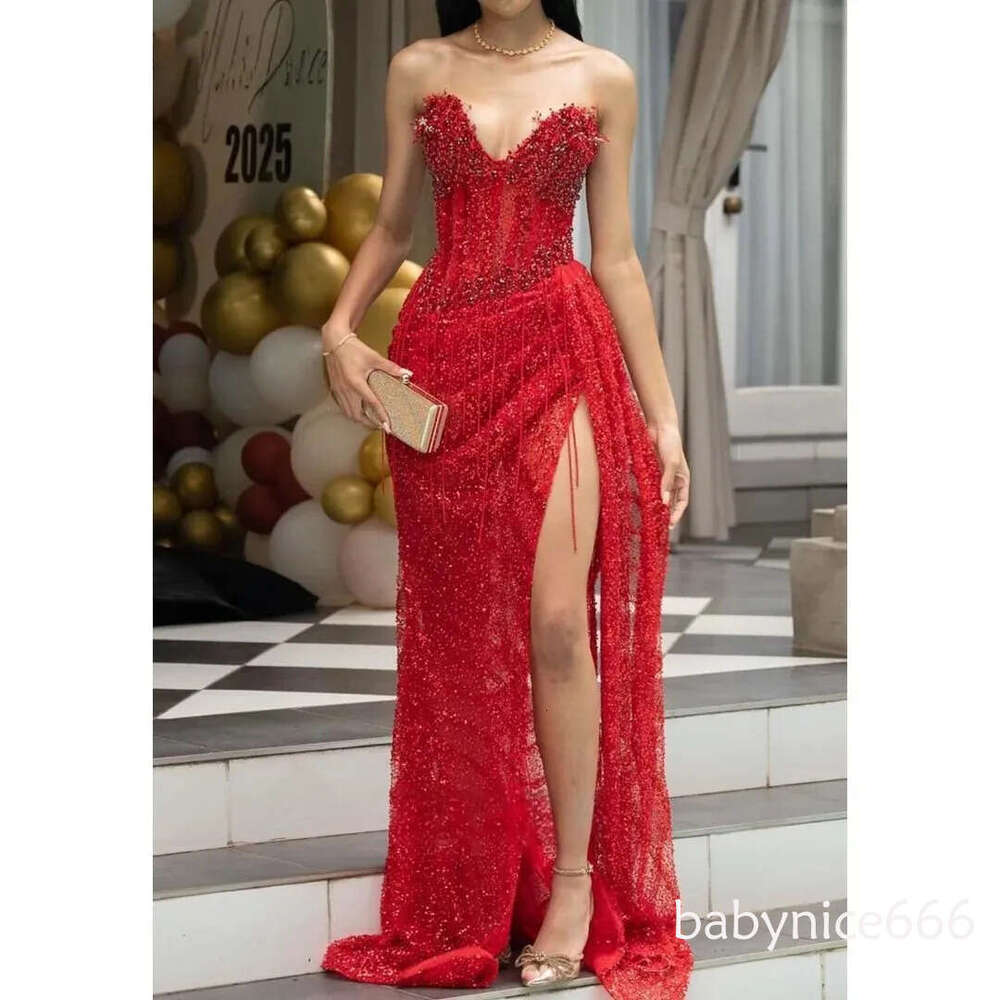 Sparkle Red Sequined Evening Dresses Sexy High Thigh Split Beads Strapless Luxury Prom Dress 2026 Custom Made Robes de soiree M26