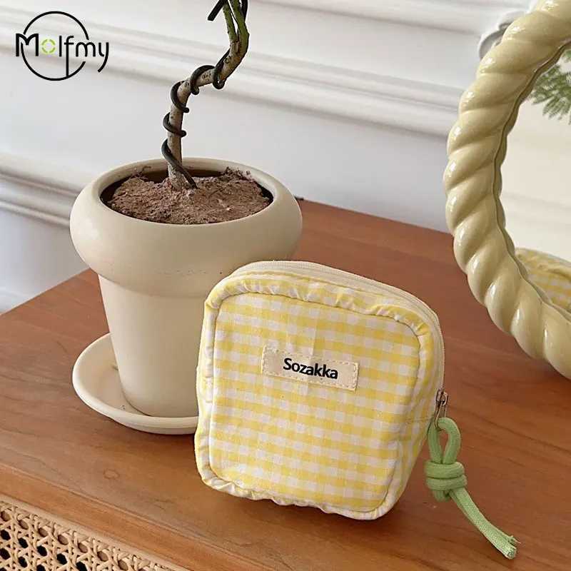 Plaid Mini Cosmetic Bag for Makeup Candy Color Make Up Sanitary Napkin Storage Bags Cotton Cloth Wallet Purse Pouch 2025 New D260328