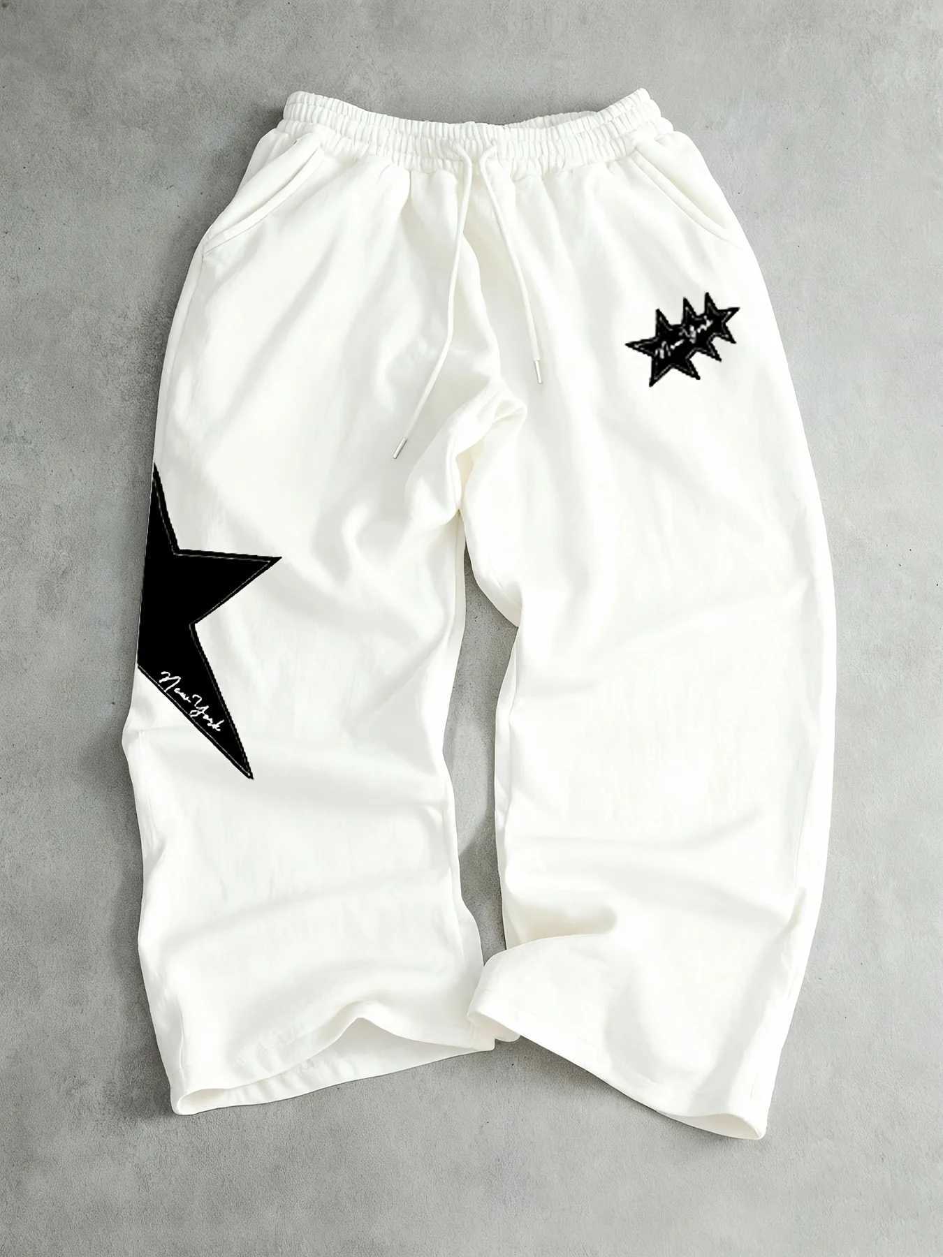 Mens Black Jogging Pants Text and Star Print Hip Hop Street Pants Drawstring Elastic Waistband Loose Casual Pants 2025 M260328