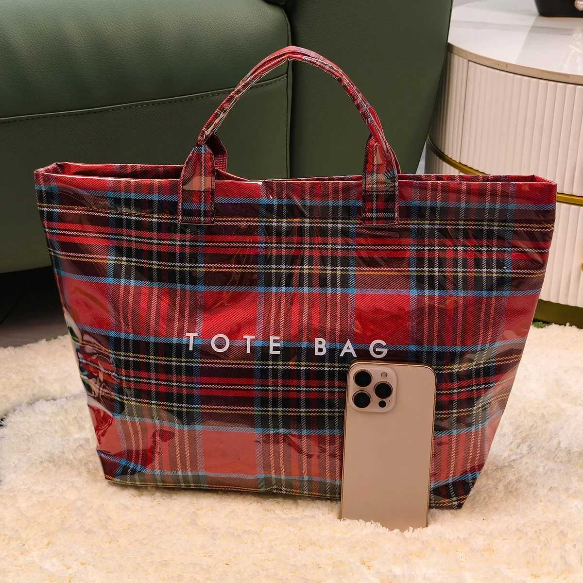 Multifunction Fashion Shoulder Bag Transparent PVC Vintage Check Pattern Letter Print Large Capacity Velcro Tote Daily Use C260327