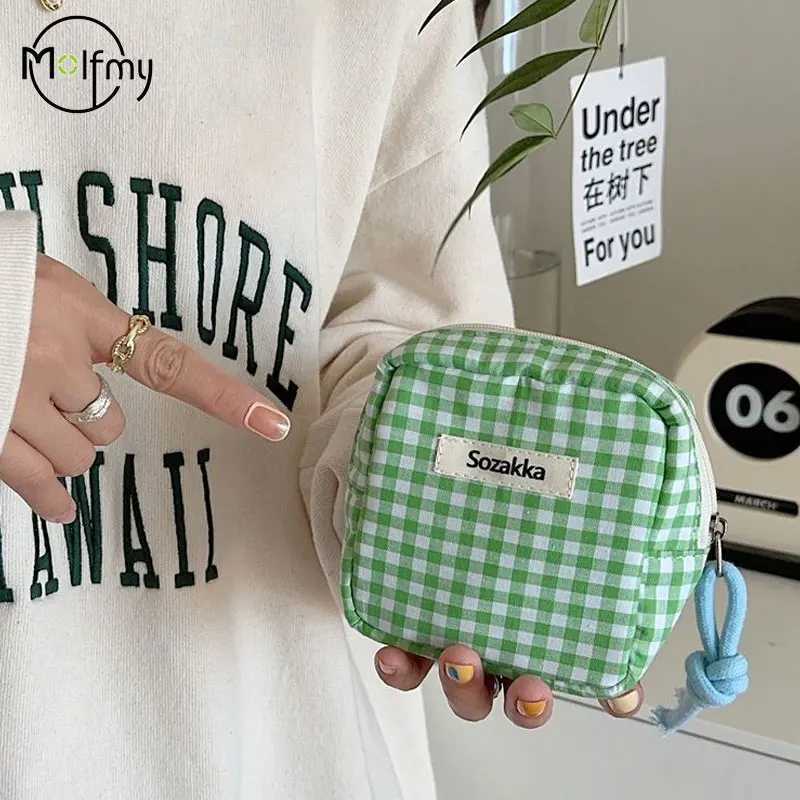 Plaid Mini Cosmetic Bag for Makeup Candy Color Make Up Sanitary Napkin Storage Bags Cotton Cloth Wallet Purse Pouch 2025 New D260328