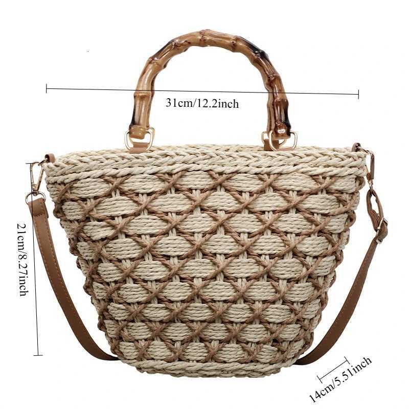 New Women Crossbody Bags Summer Vacation Woven Bamboo Handle Bucket Bag Stylish Straw Fashionable and Versatile Shoulder Bag C260327