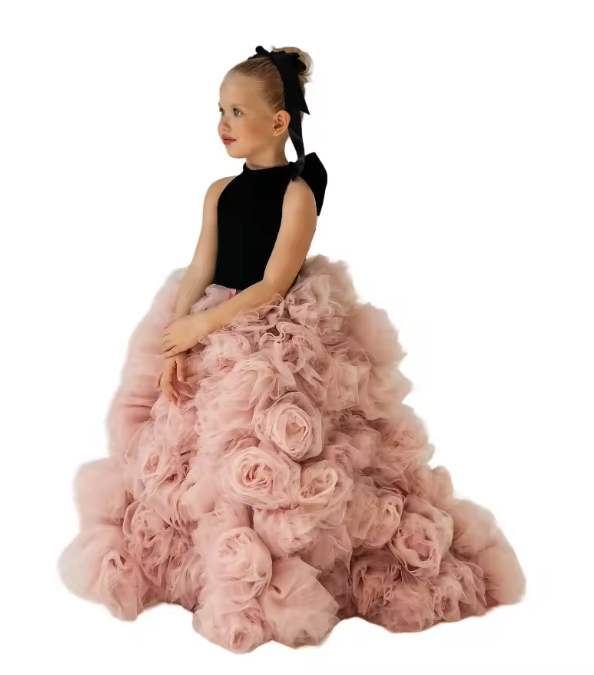 Luxury Tier Ruffles Long Flower Girl Dresses With Bow Back Ball Gown Girls Formal Evening Pageant Gowns Princess Birthday Wedding Party Robes M27 ZD10