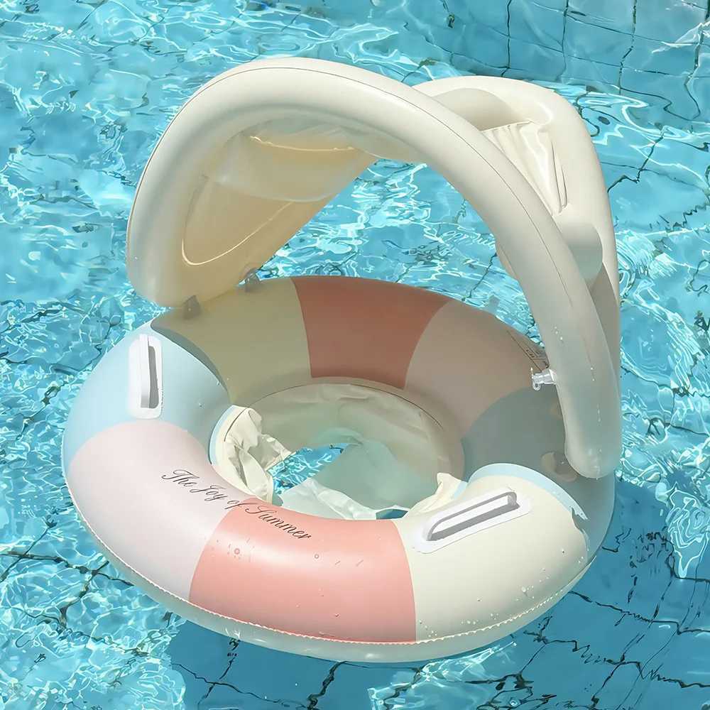 2026 Summer Beach Party Kids Swimming Ring Removable Sunshade Color Block Infant Baby Seat Float INS Viral Water Sitting Ring Z260328