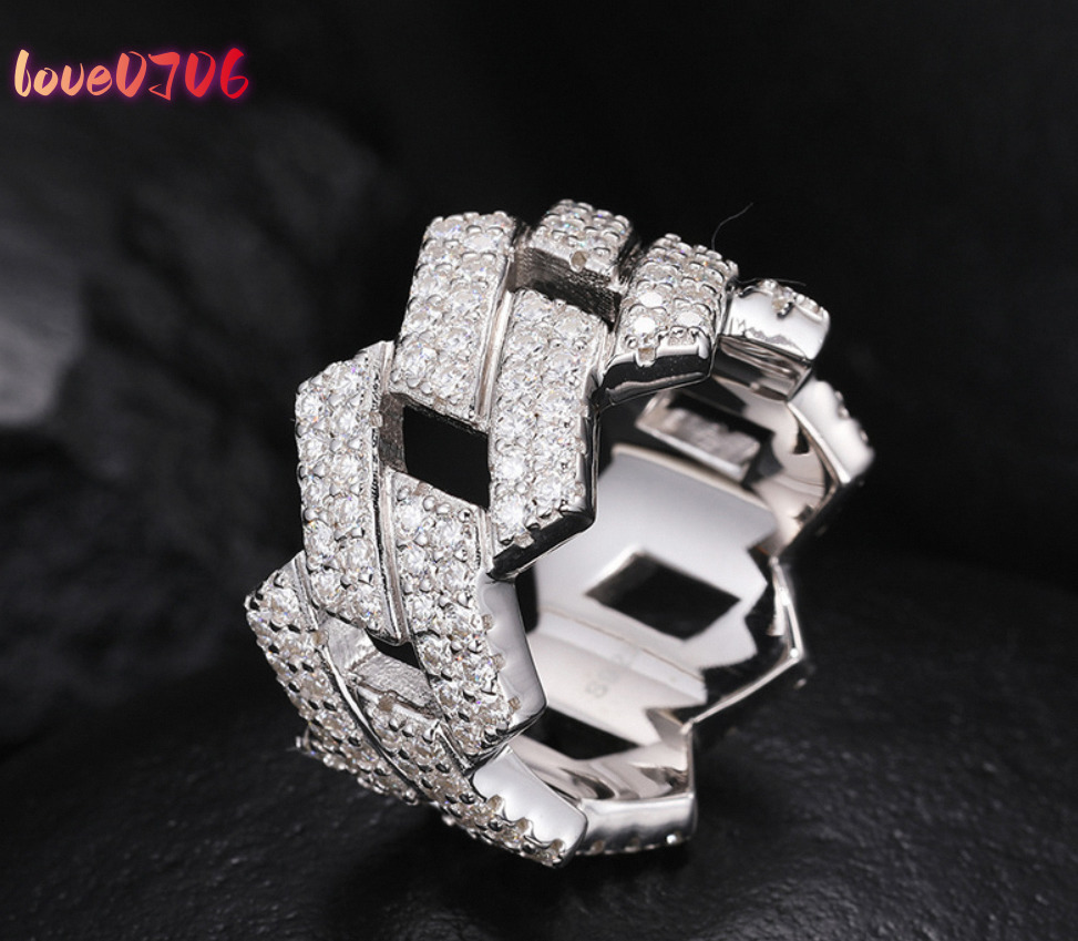 In-stock GRA Certified Moissanite Jewelry 925 Silver Ice Face Double Row Cuban Hip Hop Unisex Ring