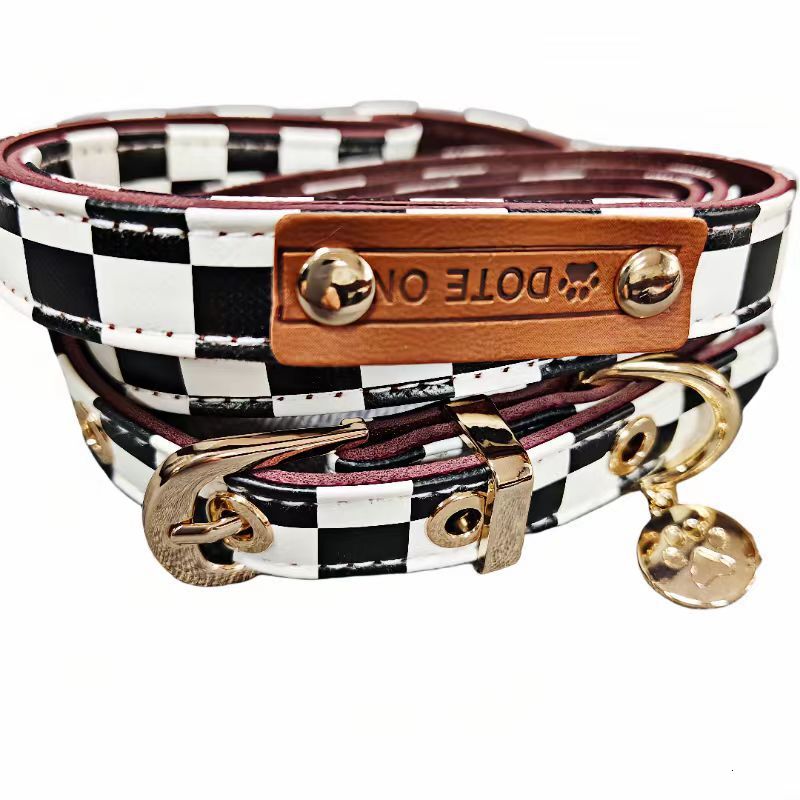 Dog Collar Leash Set Spring Adjustable Black White Plaid Pattern Fashion Trendy Cute Pet Accessories