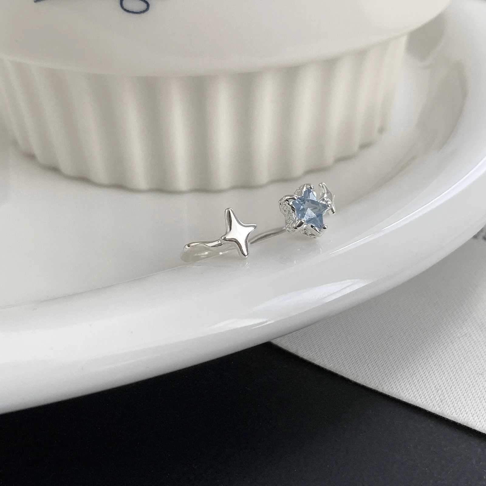 PANJBJ 925 Sterling Silver Stars Ring For Women Blue Crystal Opening Sweet Romance Irregular Versatile Jewelry Gift Dropshipping H260328