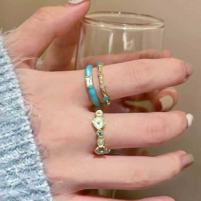 Sweet Enamel Flower Open Rings for Women Exquisite Elegant Blue Zircon Irregular Adjustable Finger Rings Wedding Jewelry Gifts H260328