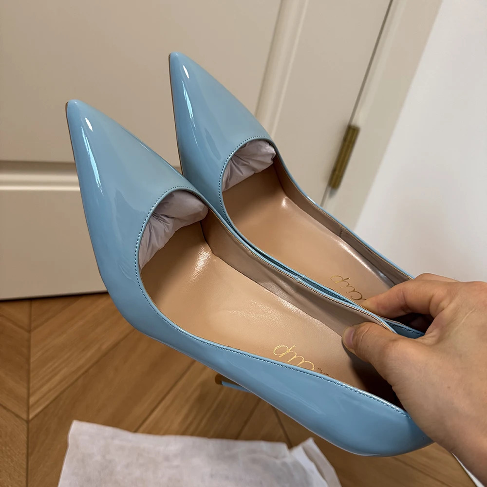 Fashion Elegant Light Blue Patent Leather Stiletto Heels Sexy Pointed Toe 12cm High Heels Evening Dress Shoes for PromNightclub 260324
