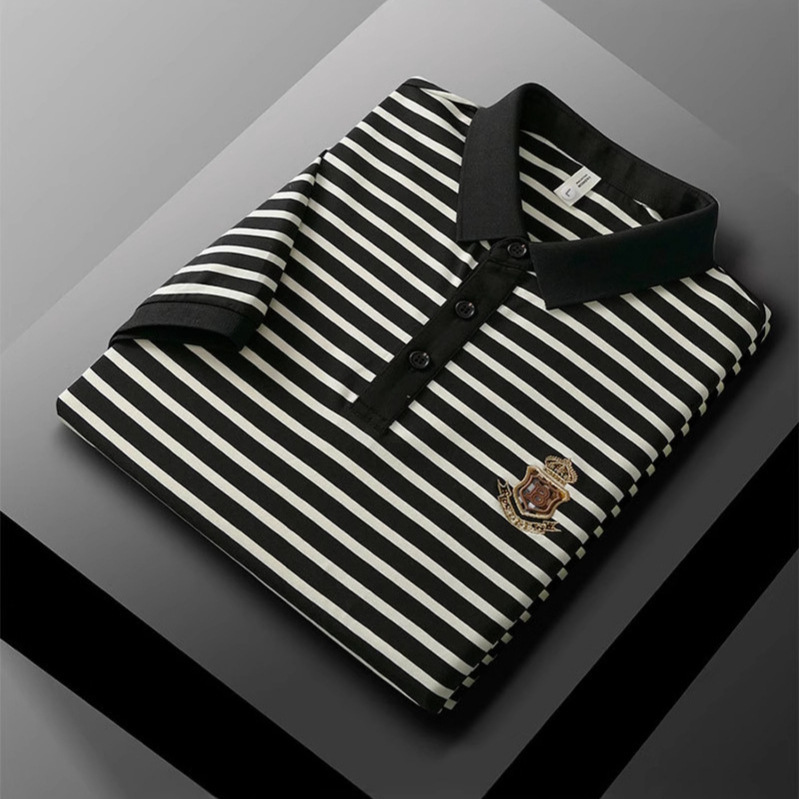 Luxury Brand Designer Clothes Off-Site Summer Men's Striped Short Sleeve T-Shirt Pure Cotton Breathable Loose Casual Turn-Down Collar Versatile P