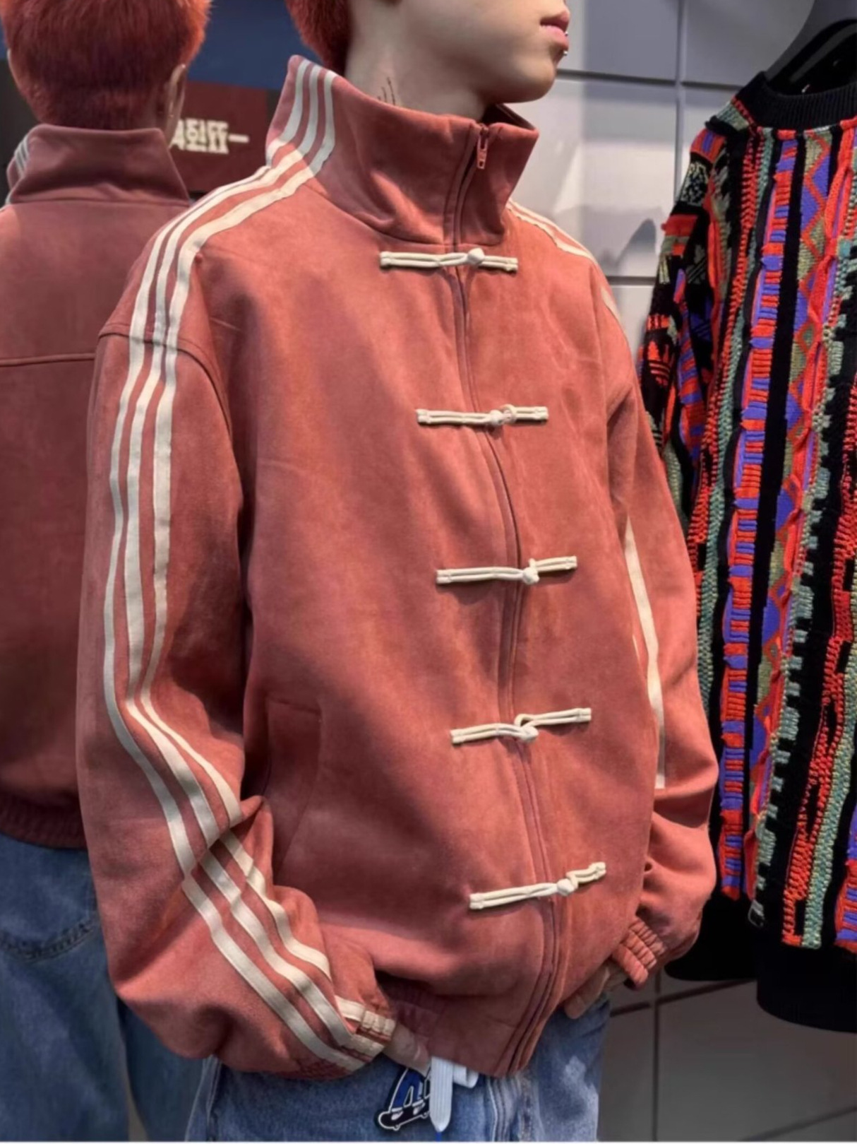 fashion design jacket 2026 Men's Corduroy Traditional Chinese Knot Jacket Stand Collar Striped Sleeve Zip-Up Coat