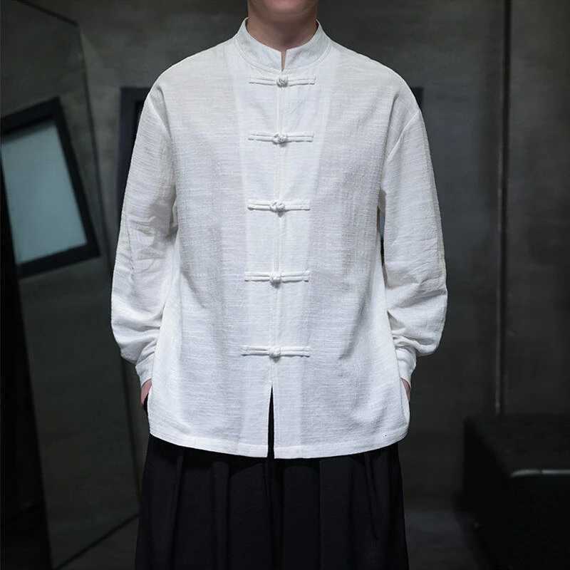 Chinese Style Men Long Sleeve Casual Shirt New 2026 Spring Vintage Mandarin Collar Loose Male Cotton Linen Tops Shirts N055 C260326