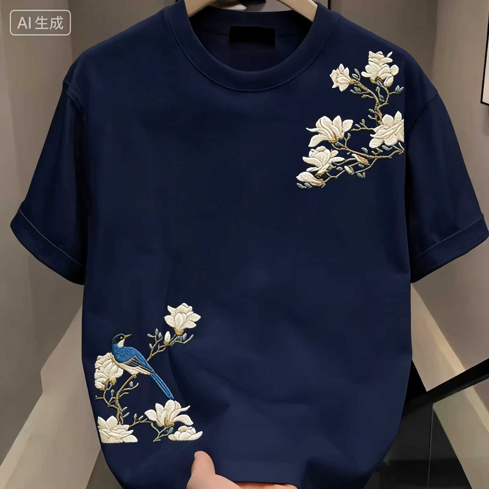 Summer Casual Mens 100 Cotton Versatile Round-neck Short-sleeved T-shirt with Floral Pattern Print Outdoor Soft and Breathable C260326