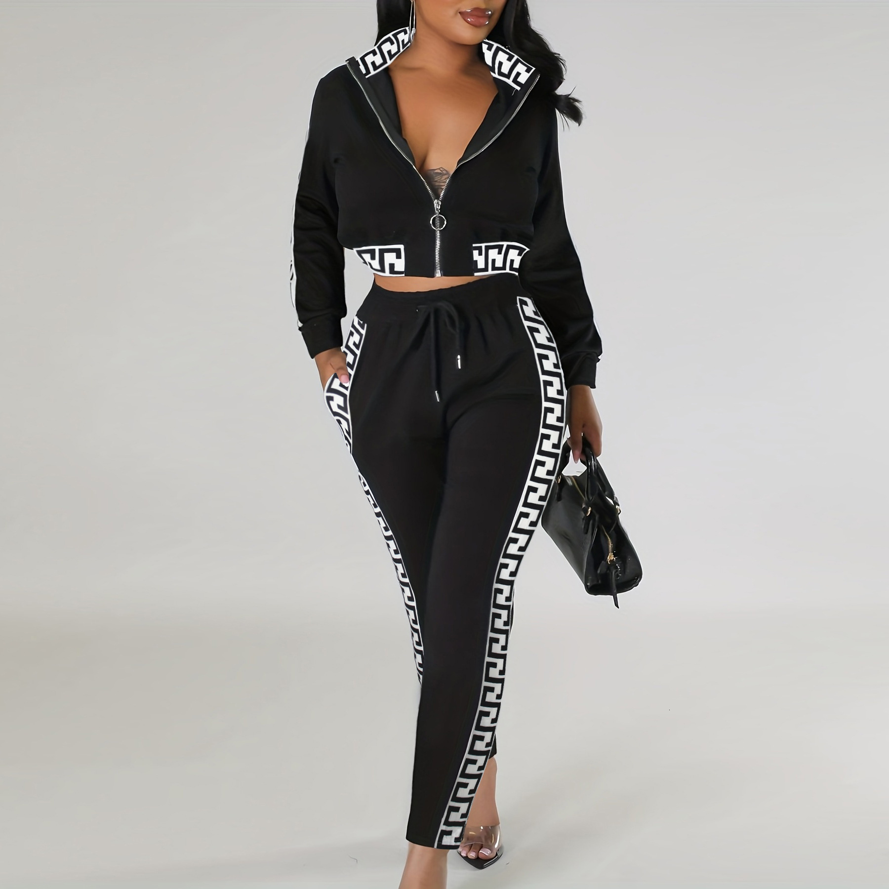 Luxury Brand Designer Clothes Women's Spring And Autumn Fashion High-End Casual Set: Cropped Zipper Top With Floral Pattern And Patchwork Long Pa - view 3