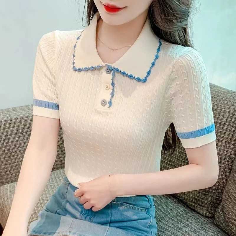 2026 Womens Ice Silk T-Shirt Polo Collar Short Sleeve Top Slim Fit Sweet Knit Shirt for Summer D260328