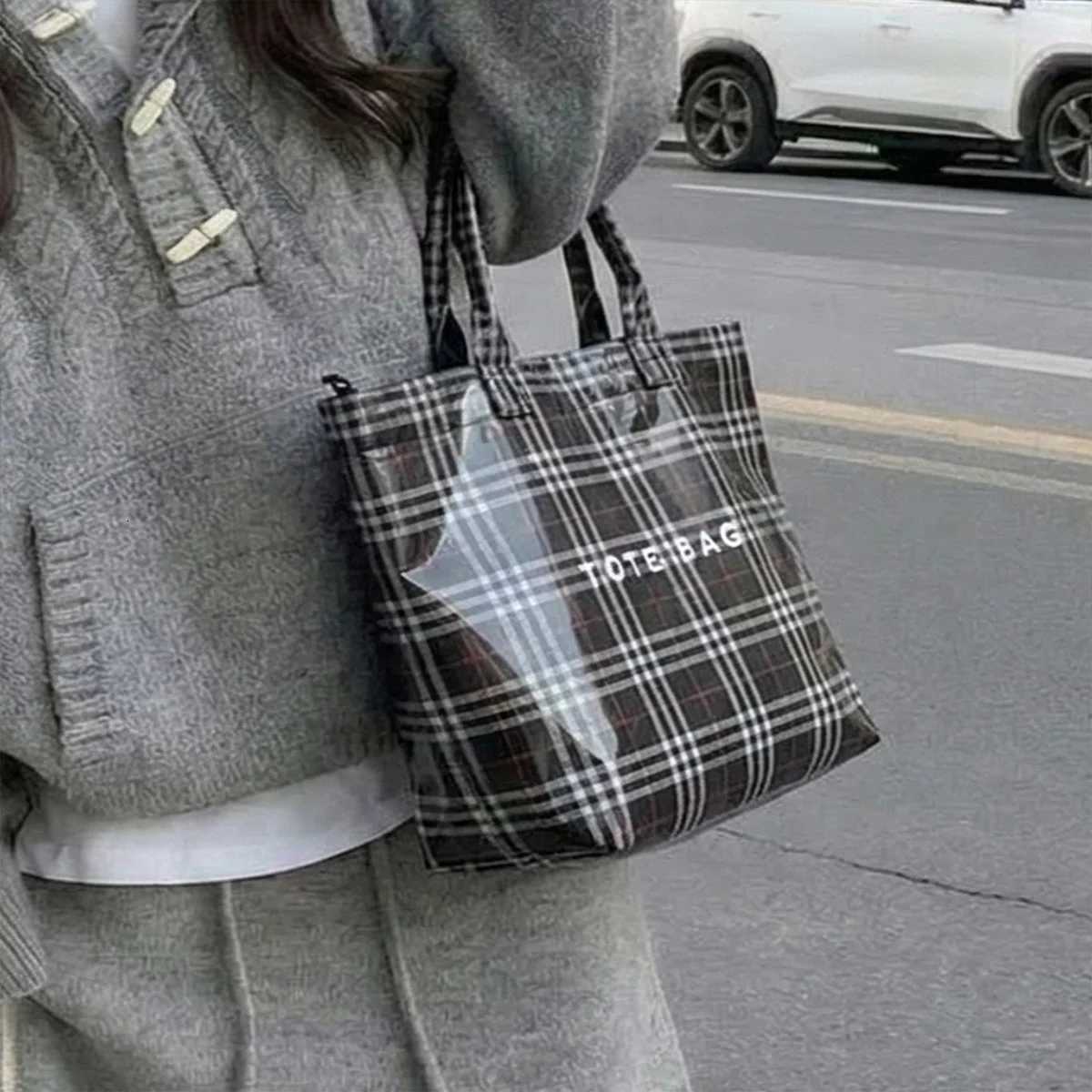 Multifunction Fashion Shoulder Bag Transparent PVC Vintage Check Pattern Letter Print Large Capacity Velcro Tote Daily Use C260327