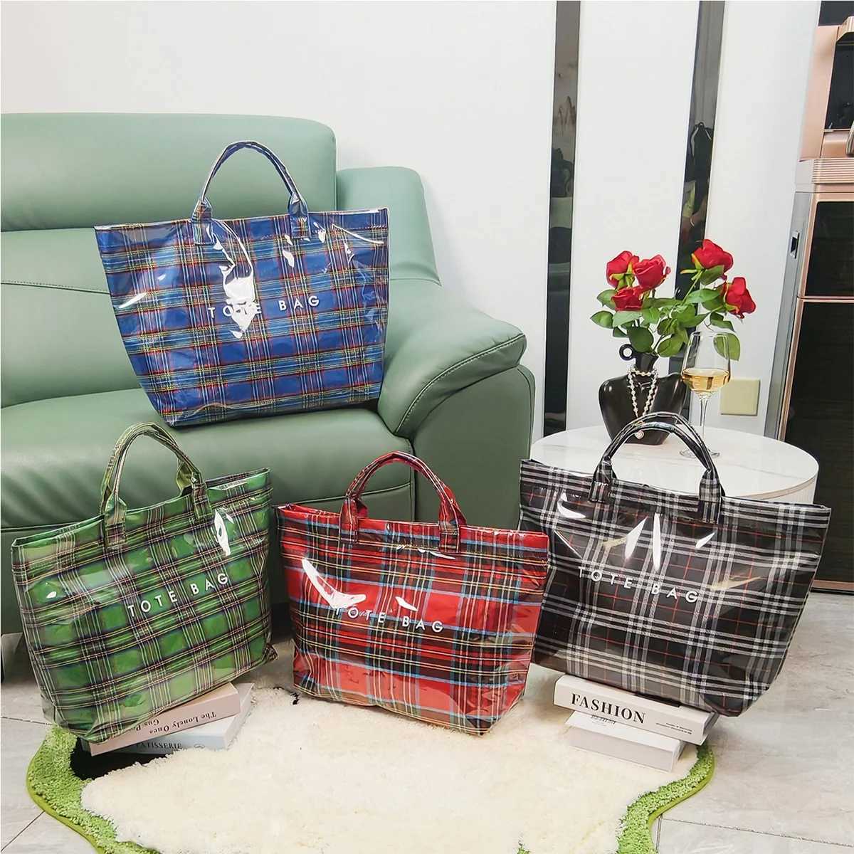 Multifunction Fashion Shoulder Bag Transparent PVC Vintage Check Pattern Letter Print Large Capacity Velcro Tote Daily Use C260327