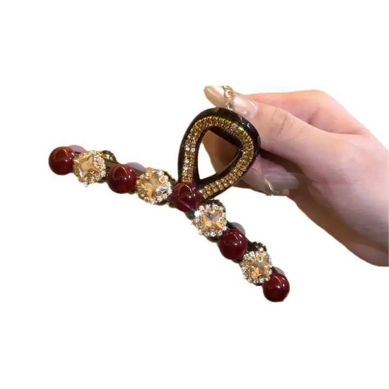 1pc Rose red pearl clip womens autumn and winter new fashion style back of the head plate hair clip hair accessory H260328