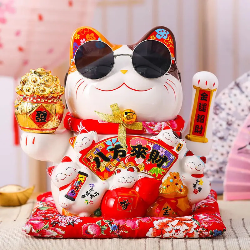 7 Inch Lucky Cat Decoration Feng Shui Fortune Cat Ceramic Electric Wave Hand Treasure Shop Gift Good Luck Home Festive Craft 260325