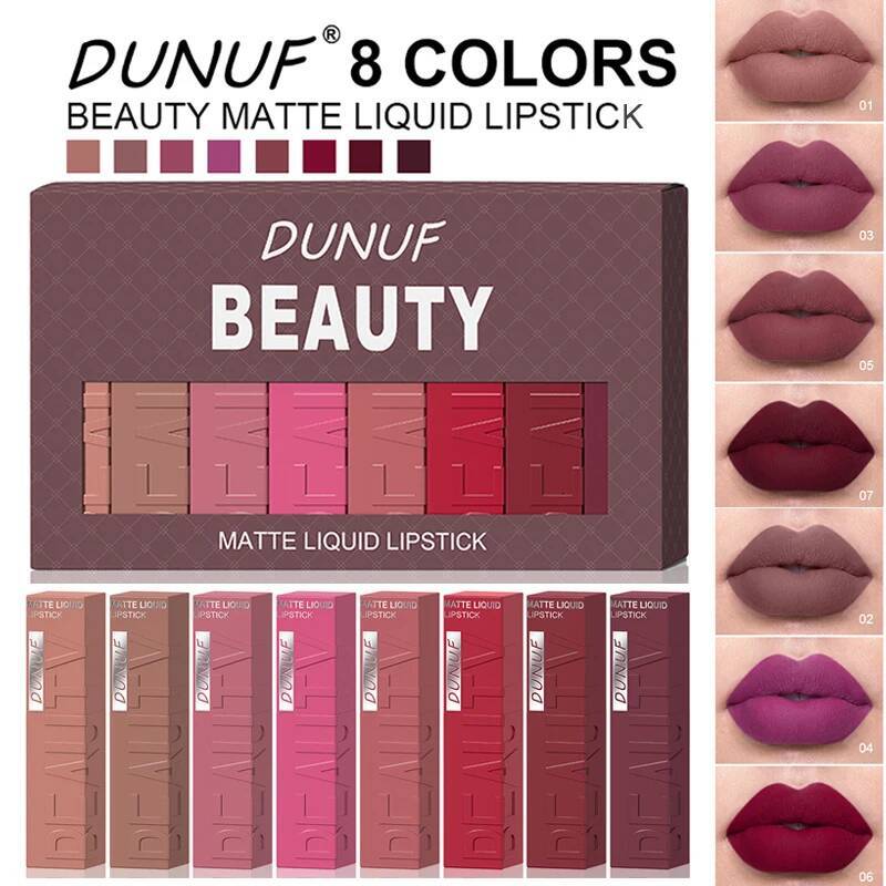 8pcsbox Matte Velvet Lipstick Set Easy To Color Square Tube Gloss Kit Waterproof Plumping Dark Red Brown Lip Tint Makeup