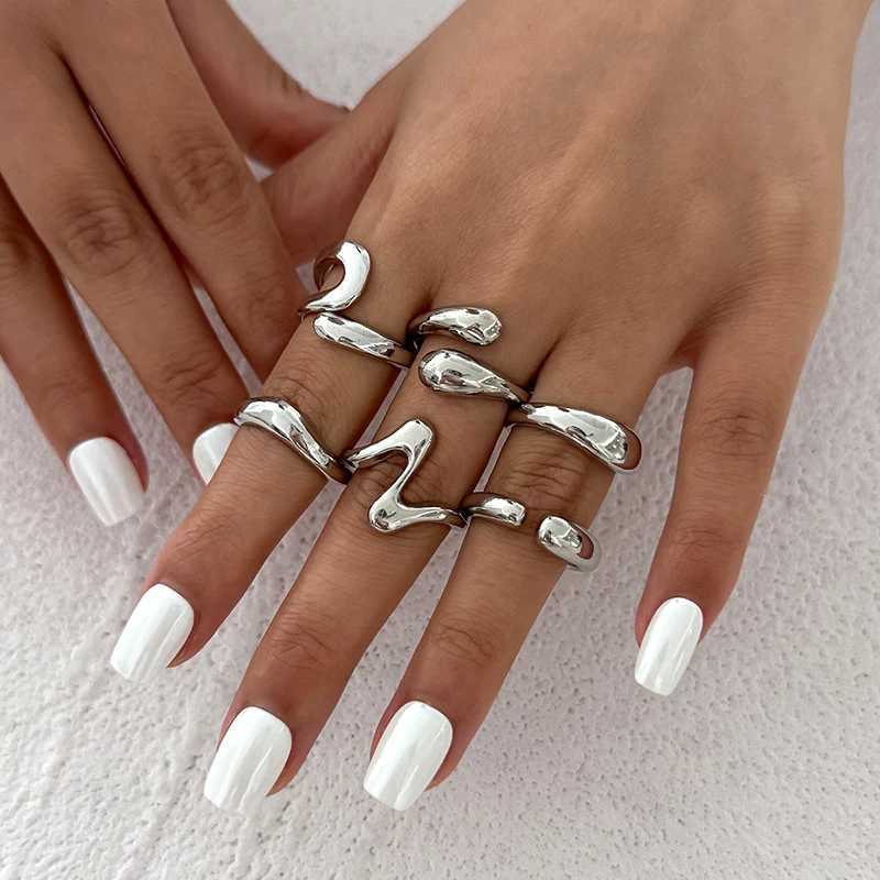 Fashion 6Pcs Irregular Glossy Metal Open Rings for Women Vintage Punk Gold Silver Color Personality Finger Ring Female Jewelry H260328