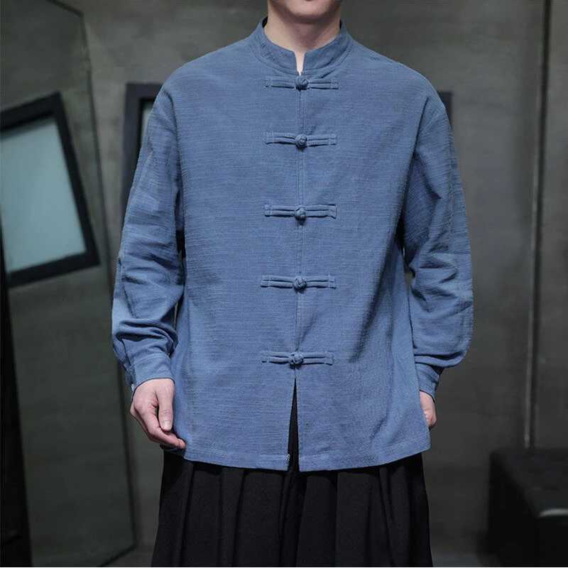 Chinese Style Men Long Sleeve Casual Shirt New 2026 Spring Vintage Mandarin Collar Loose Male Cotton Linen Tops Shirts N055 C260326