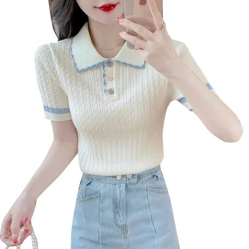 2026 Womens Ice Silk T-Shirt Polo Collar Short Sleeve Top Slim Fit Sweet Knit Shirt for Summer D260328