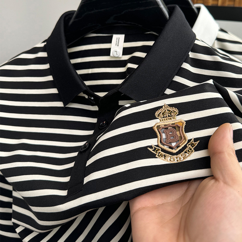 Luxury Brand Designer Clothes Off-Site Summer Men's Striped Short Sleeve T-Shirt Pure Cotton Breathable Loose Casual Turn-Down Collar Versatile P
