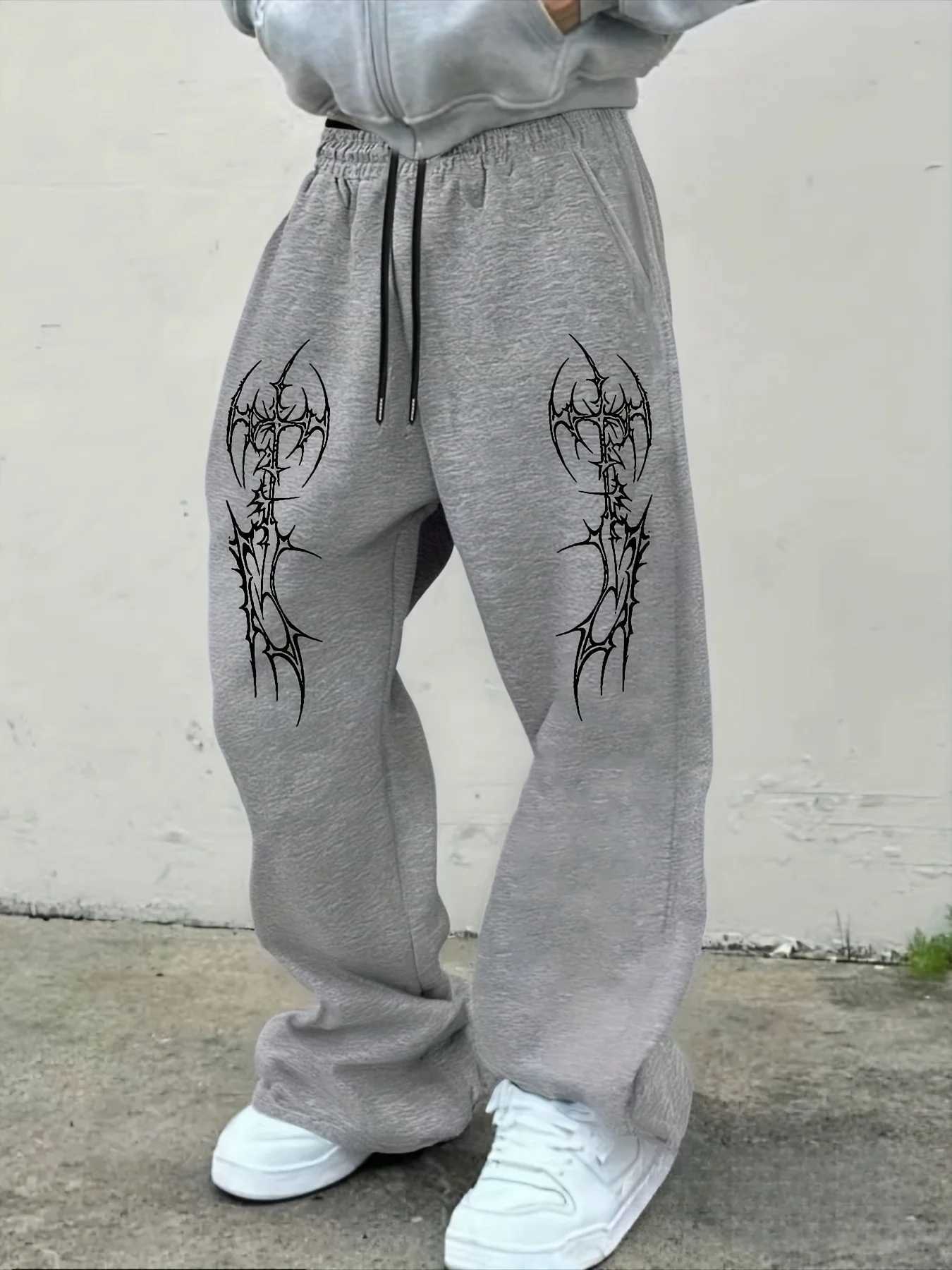 Mens Black Goth Ax/Cross White Print Wide Leg Joggers Hip Hop Fashion Street Pants Oversized Casual Pants Fashion Trends 2025 M260328