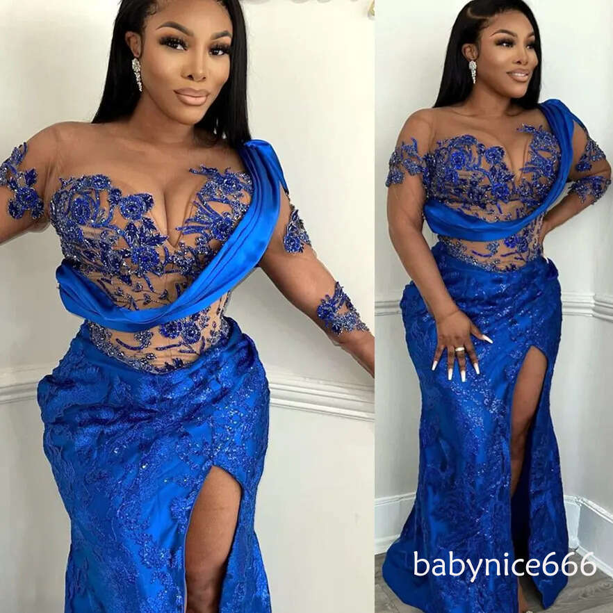 ZJ588 Plus Size Arabic Aso Ebi Mermaid Prom Dresses - Royal Blue Lace Beaded Evening Gowns for Formal Party, Reception, Engagement, Bridesmaid, Birthd