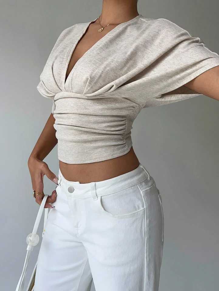 Womens Summer Apricot Deep V-Fold Short Sleeve Tight fitting Womens T-shirt D260328
