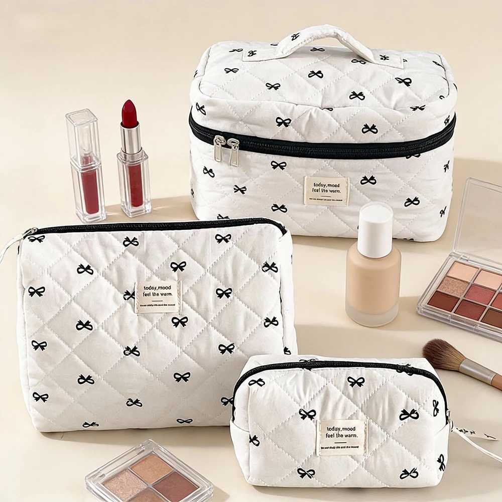 Airfriend Cosmetic Bag With Bows Large Soft Cosmetic Toiletries Pouch Cotton Cosmetic Bag Quilted Woman Makeup Bag Travel Pouch D260328