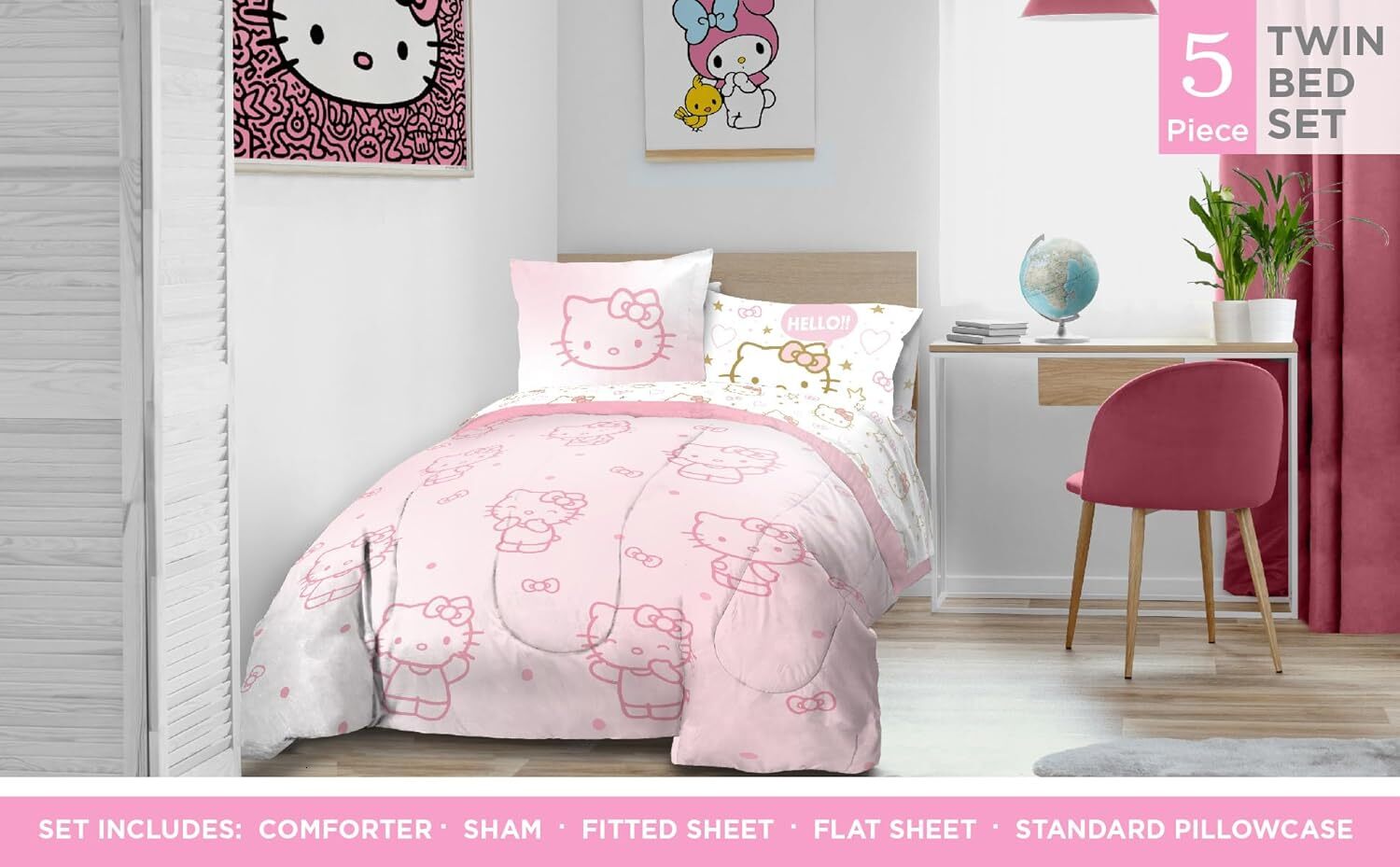 Jay Franco Hello Kitty Twin Comforter Set Piece Bedding Includes Sheet Set Pillow Covers Super Soft Pink Bedding Luxury Goods