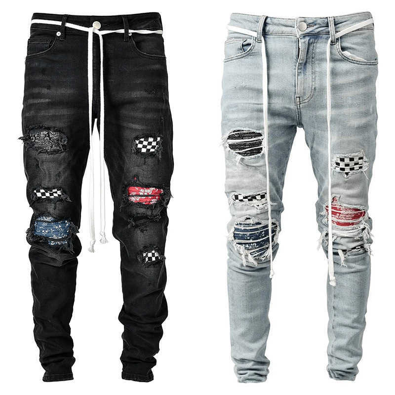 New Trend Mens Strt Full Match Jeans Hot Mens Tight Stretch Denim Pants Distressed Ripped Freyed Slim Fit Jeans Trousers X2410261